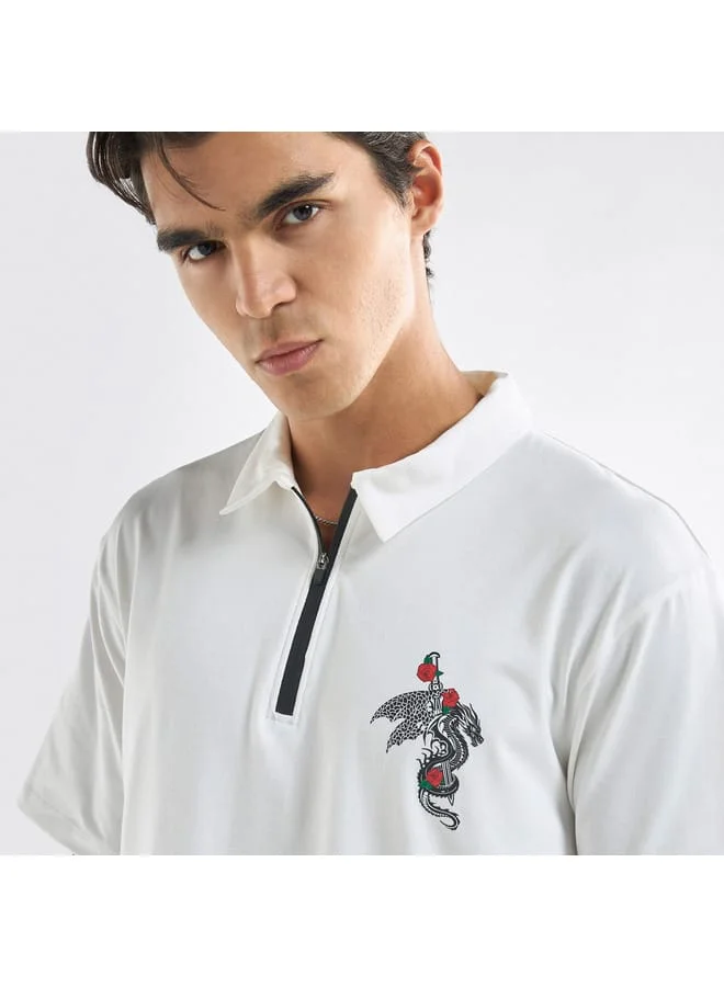 Splash FAV Typographic Print Polo T-shirt with Short Sleeves and Zip Closure