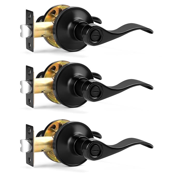 Probrico Matte Black Wave Style Bed/Bath Door Levers, Privacy Door Levers Interior Door Handles for Bedroom Bathroom, Reversible Levers for Right/Left Handed Doors, 3 Pack - Image 1
