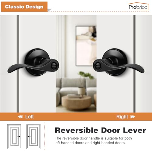 Probrico Matte Black Wave Style Bed/Bath Door Levers, Privacy Door Levers Interior Door Handles for Bedroom Bathroom, Reversible Levers for Right/Left Handed Doors, 3 Pack - Image 5