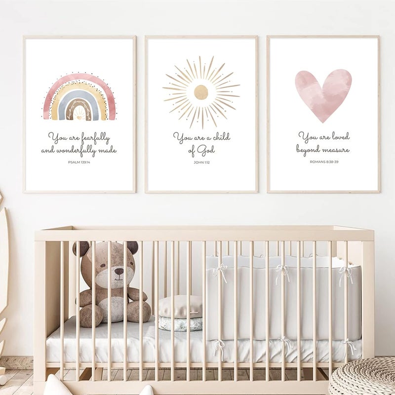 Pennclys Boho Nursery Wall Art 3 Pieces Bible Verse Nursery Art Christian Girls Nursery Wall Art Heart Rainbow Sun Nursery Art Print Boho Sunshine Decor for Girl Baby Kid Room Decor 12x16 Inch Unframed - Image 1
