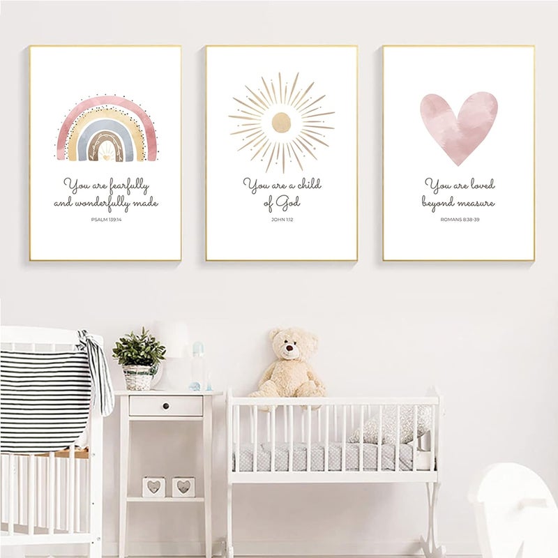 Pennclys Boho Nursery Wall Art 3 Pieces Bible Verse Nursery Art Christian Girls Nursery Wall Art Heart Rainbow Sun Nursery Art Print Boho Sunshine Decor for Girl Baby Kid Room Decor 12x16 Inch Unframed - Image 5