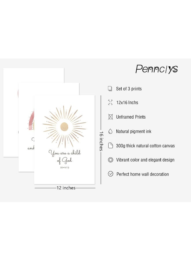 Pennclys Boho Nursery Wall Art 3 Pieces Bible Verse Nursery Art Christian Girls Nursery Wall Art Heart Rainbow Sun Nursery Art Print Boho Sunshine Decor for Girl Baby Kid Room Decor 12x16 Inch Unframed - Image 2