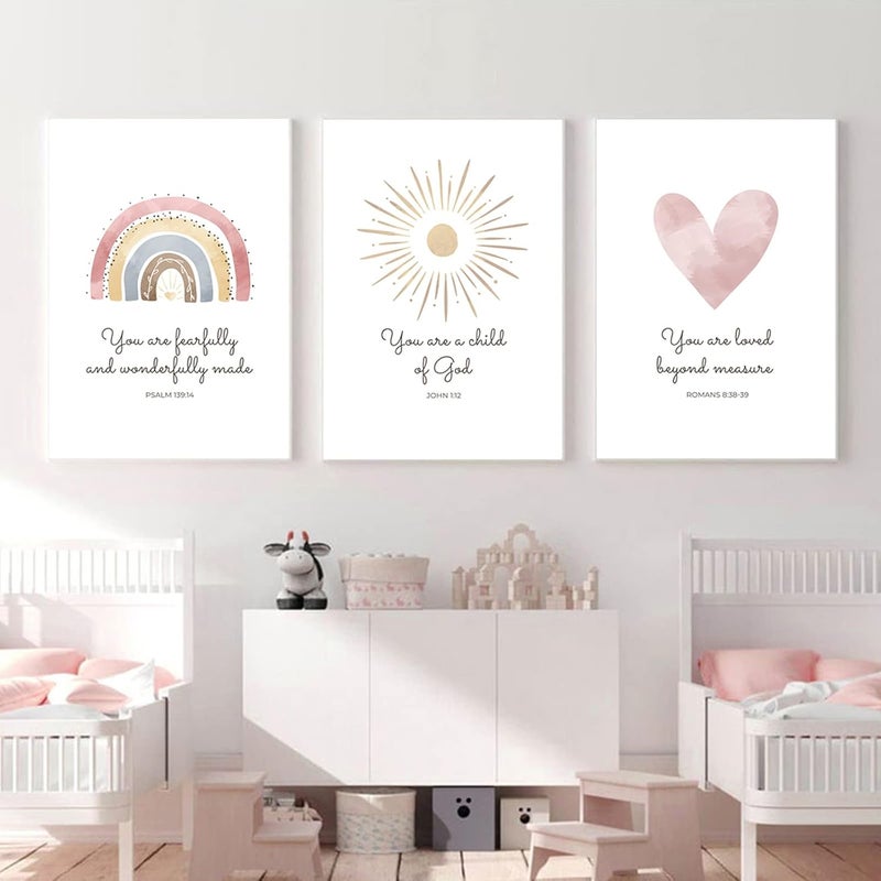 Pennclys Boho Nursery Wall Art 3 Pieces Bible Verse Nursery Art Christian Girls Nursery Wall Art Heart Rainbow Sun Nursery Art Print Boho Sunshine Decor for Girl Baby Kid Room Decor 12x16 Inch Unframed - Image 3