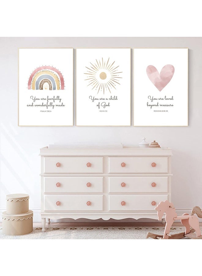 Pennclys Boho Nursery Wall Art 3 Pieces Bible Verse Nursery Art Christian Girls Nursery Wall Art Heart Rainbow Sun Nursery Art Print Boho Sunshine Decor for Girl Baby Kid Room Decor 12x16 Inch Unframed - Image 4