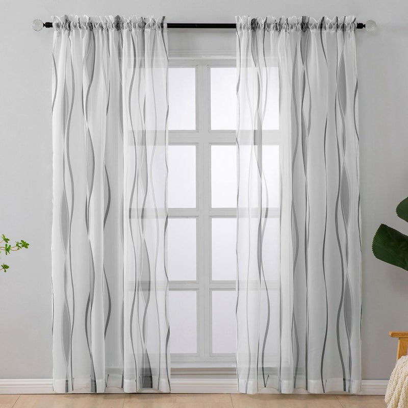 L.Z.E Grey and White Sheer Curtains 84 Inch Long 2 Panels Set, Light Gray Printed Sheer Curtains for Living Room Dining Room, Elegant Wave Pattern Rod Pocket Window Curtains (55W x 84L) - Image 1