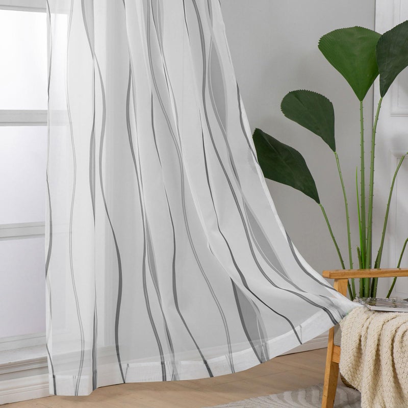 L.Z.E Grey and White Sheer Curtains 84 Inch Long 2 Panels Set, Light Gray Printed Sheer Curtains for Living Room Dining Room, Elegant Wave Pattern Rod Pocket Window Curtains (55W x 84L) - Image 2