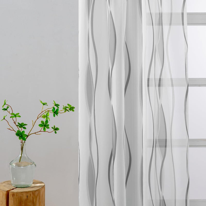 L.Z.E Grey and White Sheer Curtains 84 Inch Long 2 Panels Set, Light Gray Printed Sheer Curtains for Living Room Dining Room, Elegant Wave Pattern Rod Pocket Window Curtains (55W x 84L) - Image 3