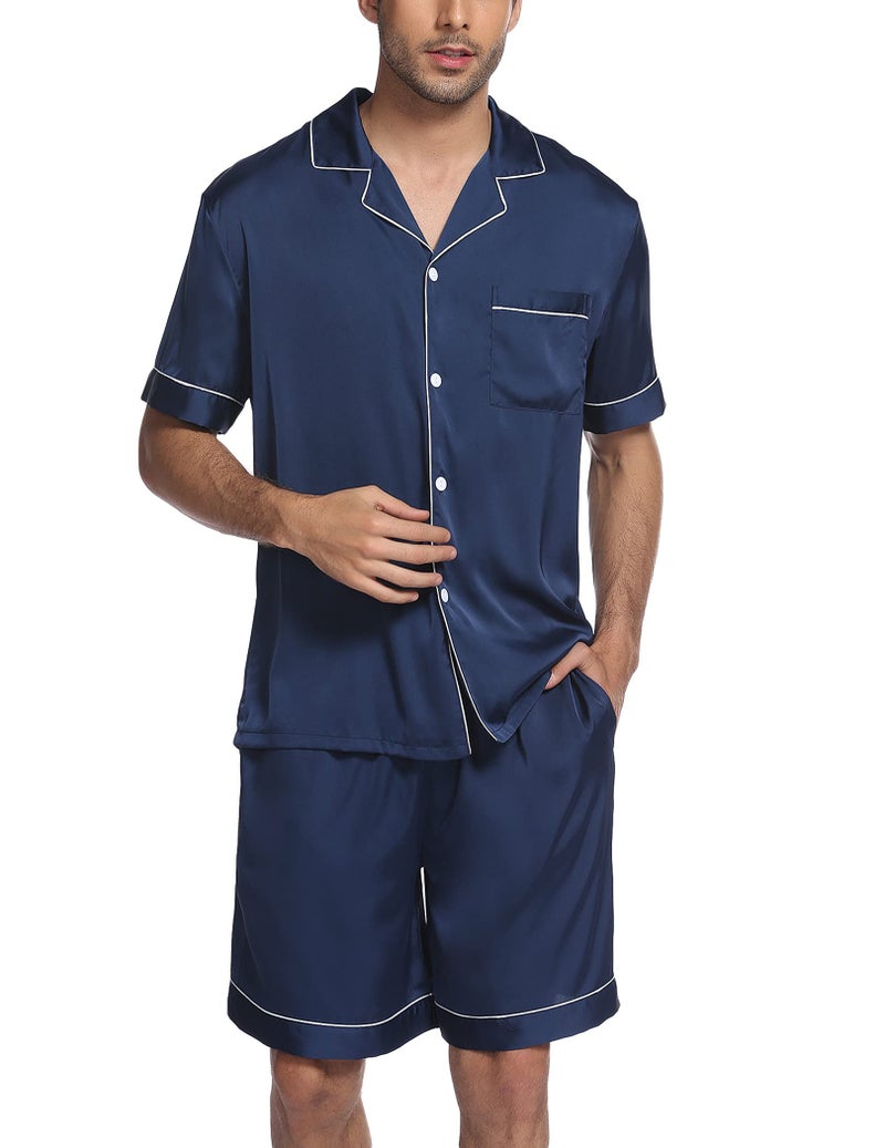 Ekouaer Mens Satin Pajamas Set Button-Down Short Sleeve Shirt Top Soft Silk Sleepwear Shorts with Pockets Navy Blue - Image 2