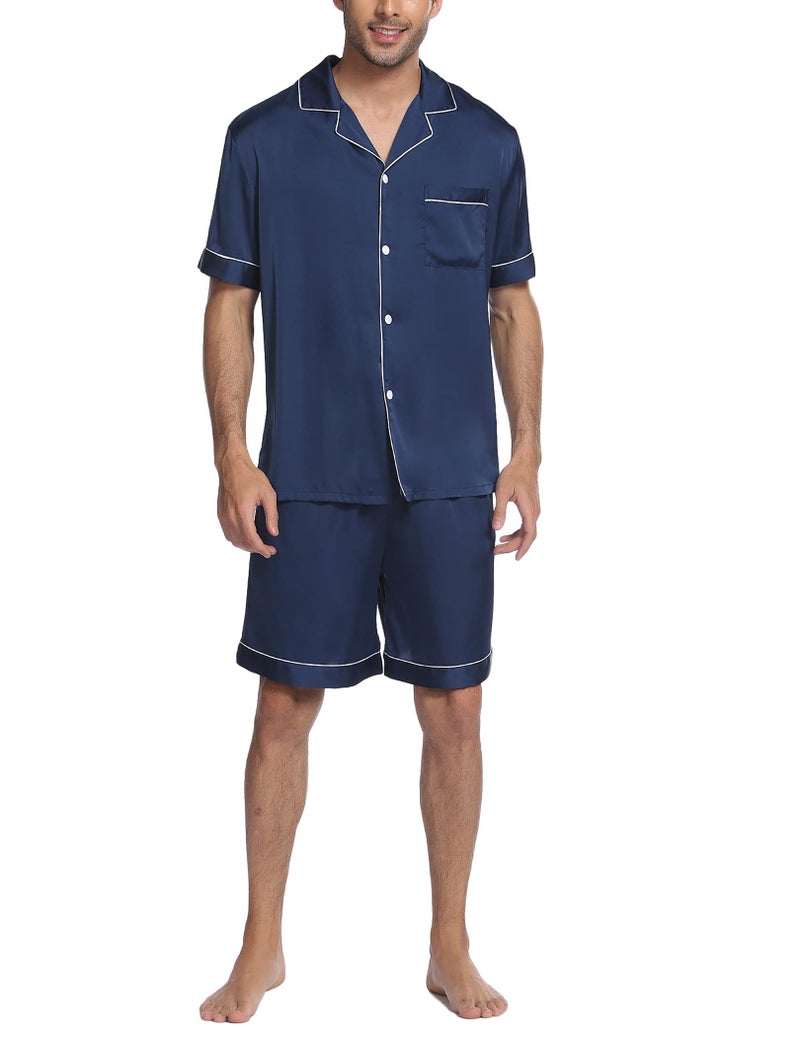 Ekouaer Mens Satin Pajamas Set Button-Down Short Sleeve Shirt Top Soft Silk Sleepwear Shorts with Pockets Navy Blue - Image 5