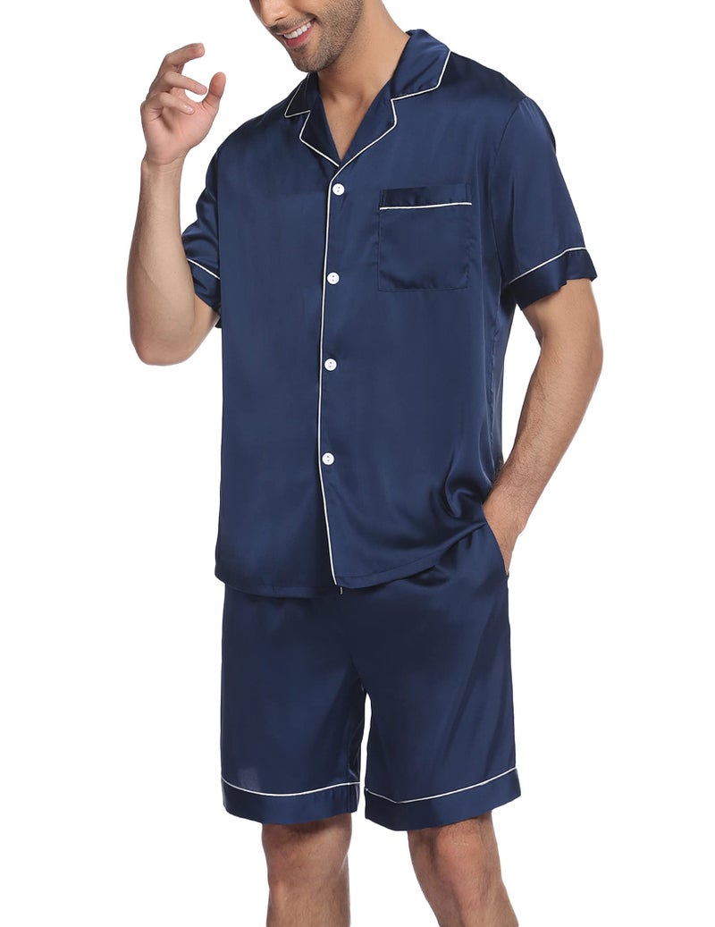 Ekouaer Mens Satin Pajamas Set Button-Down Short Sleeve Shirt Top Soft Silk Sleepwear Shorts with Pockets Navy Blue - Image 3
