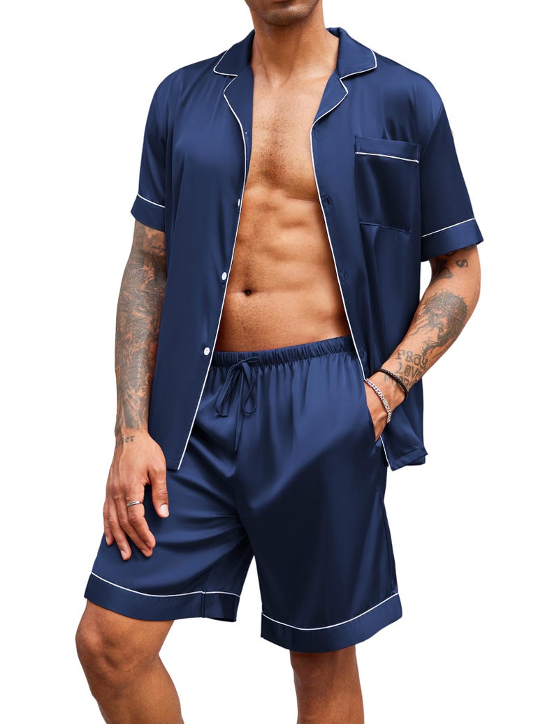 Ekouaer Mens Satin Pajamas Set Button-Down Short Sleeve Shirt Top Soft Silk Sleepwear Shorts with Pockets Navy Blue - Image 1