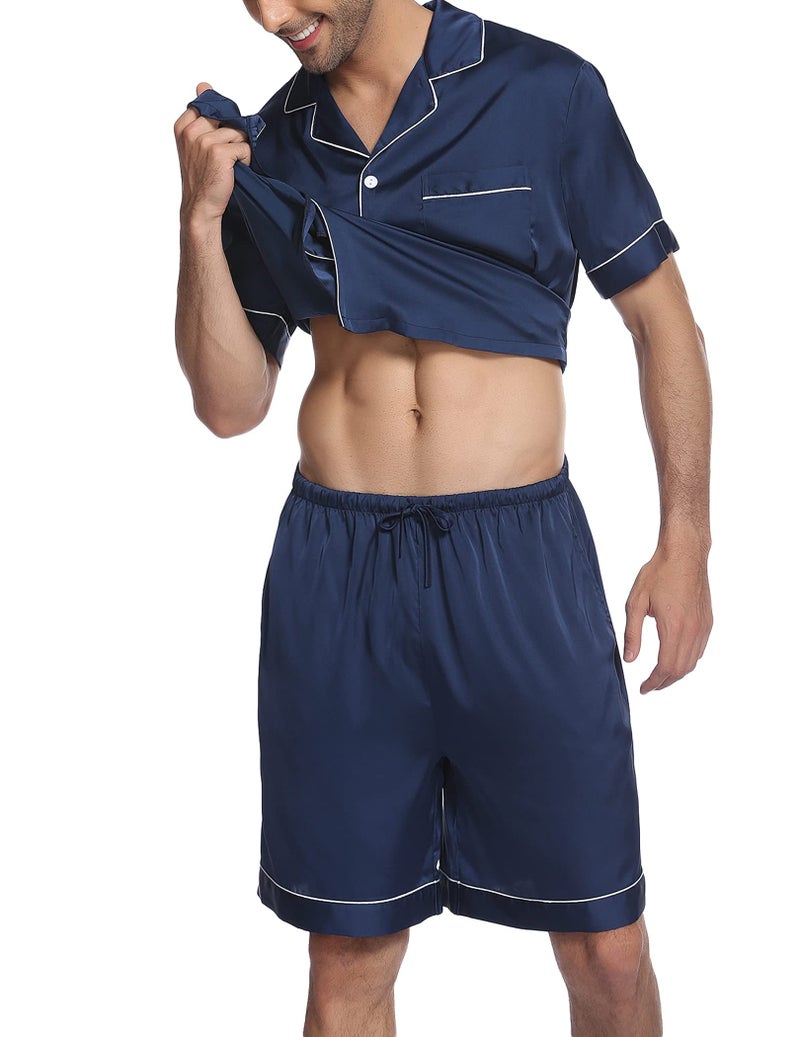Ekouaer Mens Satin Pajamas Set Button-Down Short Sleeve Shirt Top Soft Silk Sleepwear Shorts with Pockets Navy Blue - Image 4