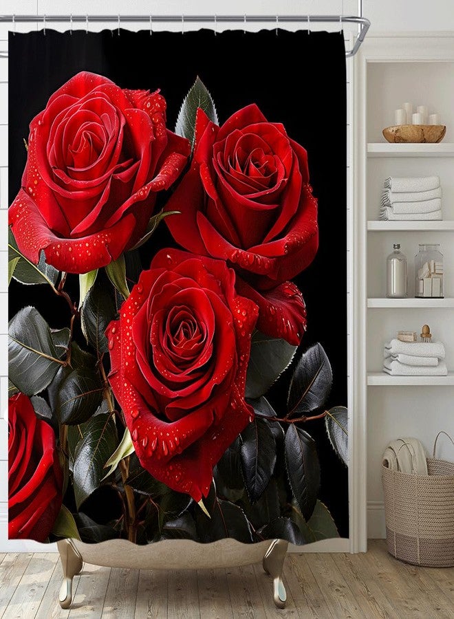 YSATNSFT Red Rose Shower Curtain Blossom Rose Black Floral Flower Pretty Valentine Romantic Modern Plant Fabric Bathroom Decor Set with Hooks,(70" WX70 H) - Image 1