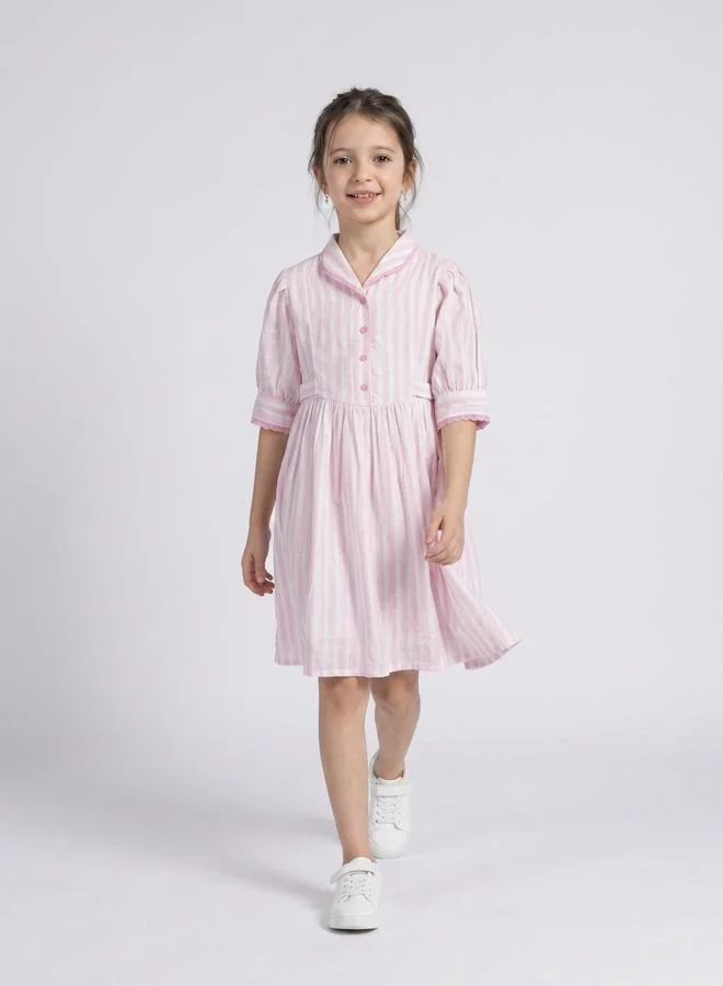 Bella Moda Girls Striped Cotton Dress with Bow Waist Applique