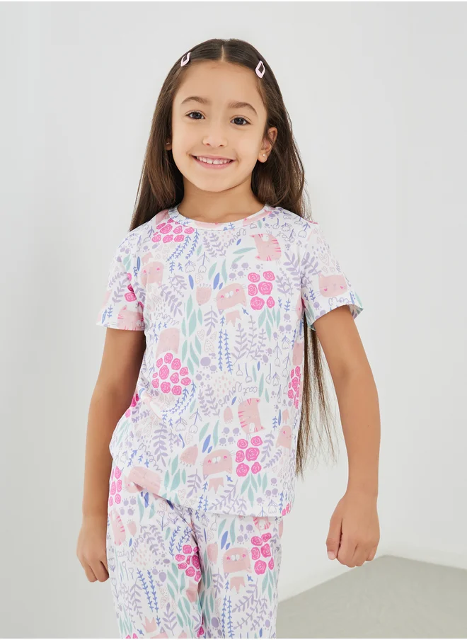 Styli Styli All-Over Print Short Sleeve T-Shirt and Pyjama Set