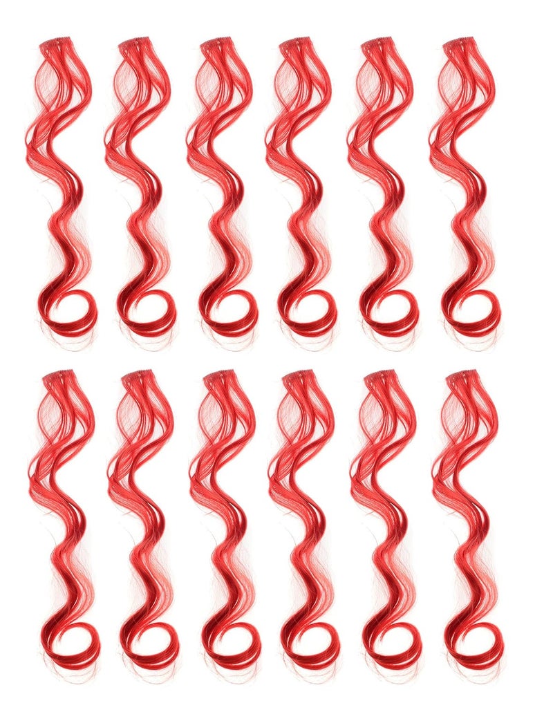 SWACC 12 Pcs Curly Wavy One Color Party Highlights Clip on in Hair Extensions Colored Hair Streak Synthetic Hairpieces Red