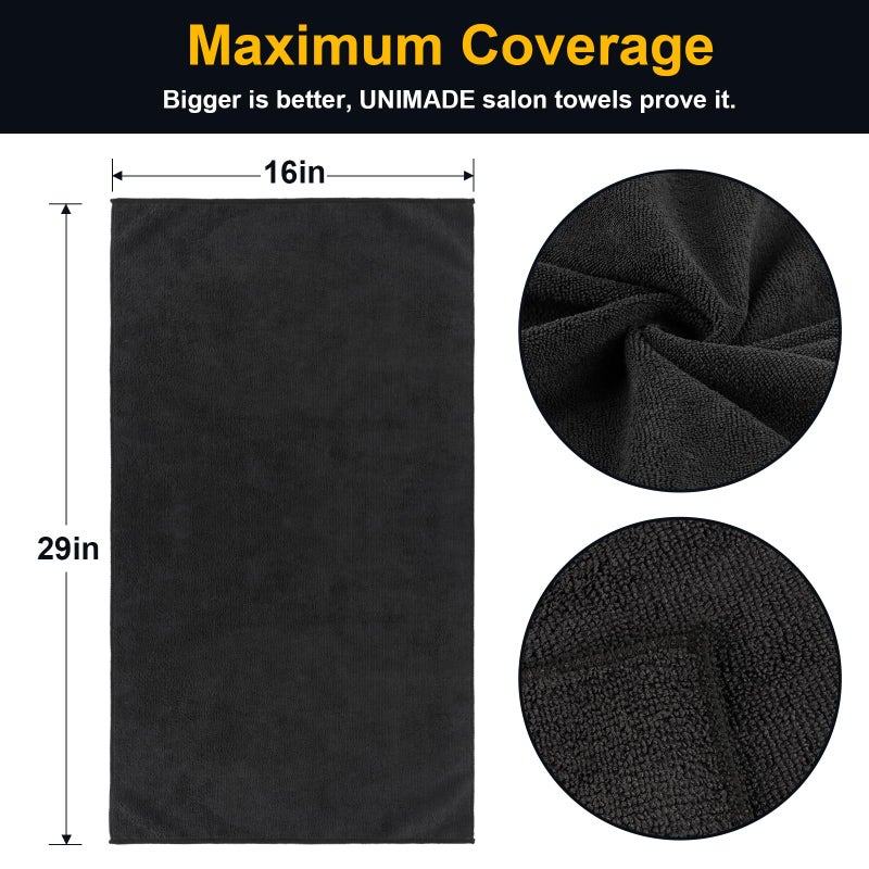 UNIMADE Salon Towels 24 Pack, Microfiber Barber Towels Bulk, (16x29 inches) Hair-Drying Cloth Super Soft Black Hand Cloth for Gym, Bath, Spa Use and Home Beauty Care(Not Bleach Proof) - Image 2
