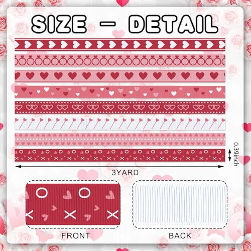 YKW 8 Rolls Valentine's Day Ribbon Set, 3/8" x 3 Yards Each, Heart Ring Pattern Grosgrain Ribbons for Wedding Gift Wrapping & DIY Crafts - Image 2