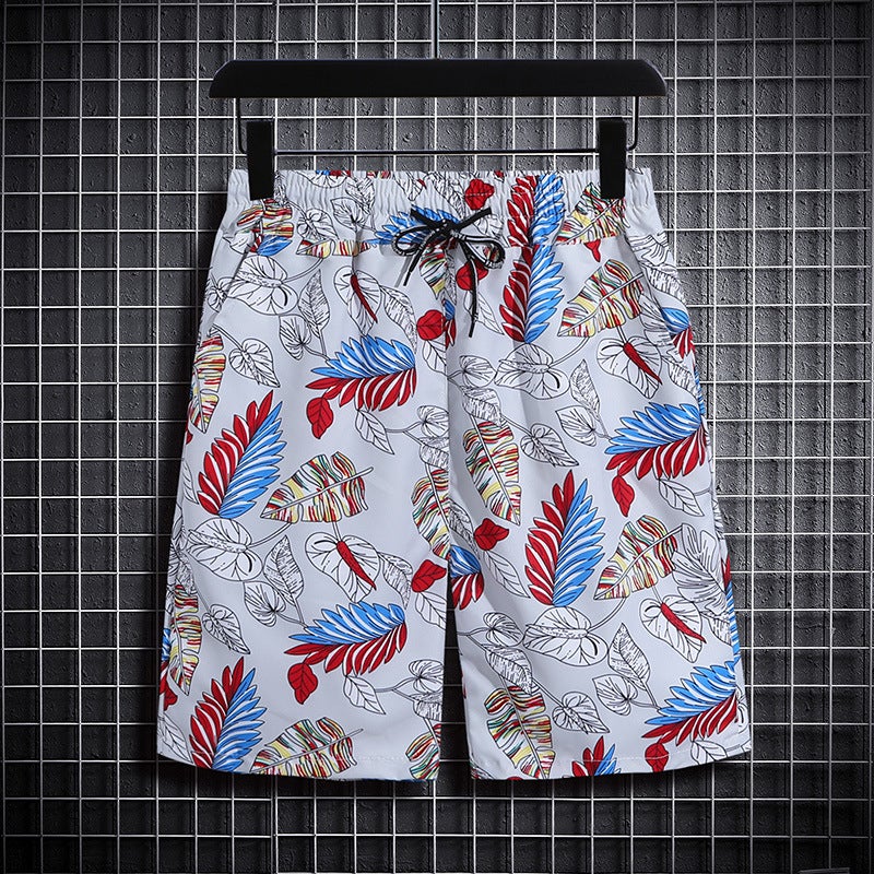 Generic Value three-piece Beach suit mens all-match quick-drying shorts Hainan Island retro Hong Kong style ice silk floral shirt class clothes st63 white shorts 