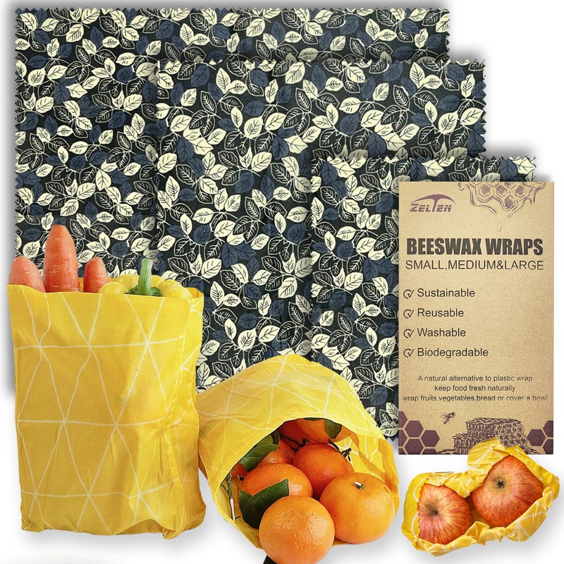 Zelten Beeswax Reusable Food Wraps - (3 Packs, 3 Sizes S,M,L) Plastic and Silicone Free, Eco-friendly Wrap, Wax Paper for Food,Leaves - Image 1
