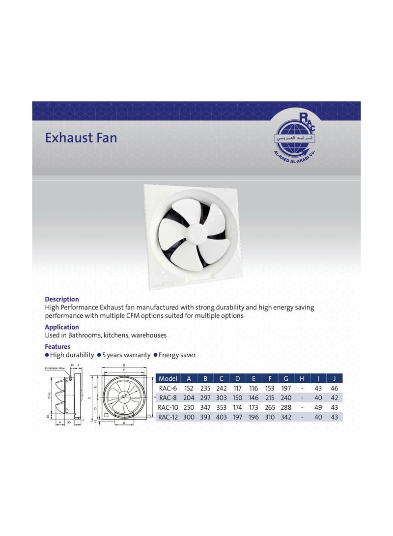 ALRAED Exhaust Fan, 6-Inch (150mm), 15X15 , 22W, 220V, Wall Mount Ventilation Fan - Image 2