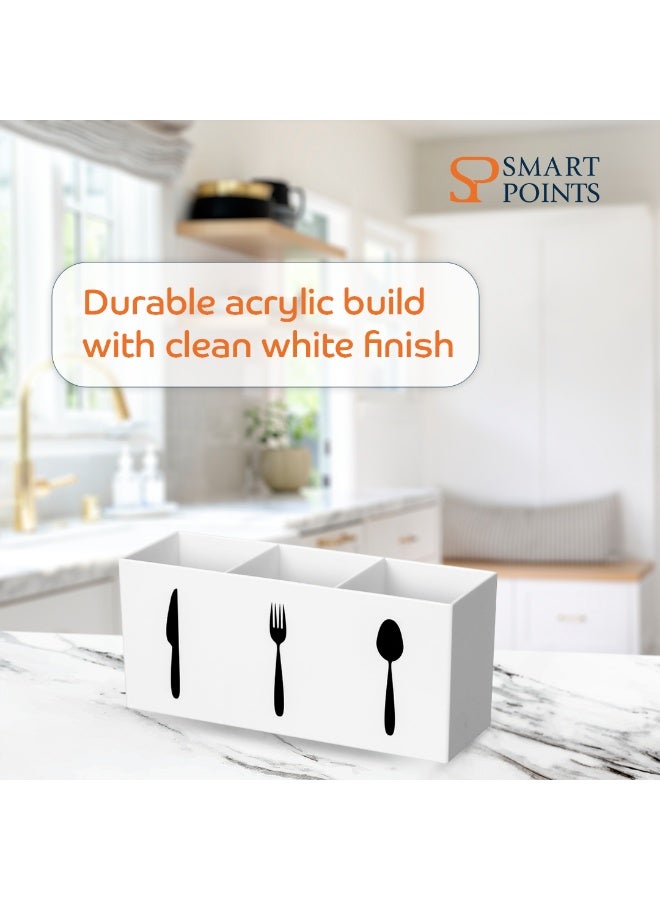 "سمارت بوينتس  " منظم تخزين أدوات المائدة الأكريليك – ٣ أقسام للسكاكين والشوك والملاعق – أبيض – 7.9 × 2.5 × 3.5 بوصة – حافظة أدوات المطبخ للطاولة والرف - Image 3