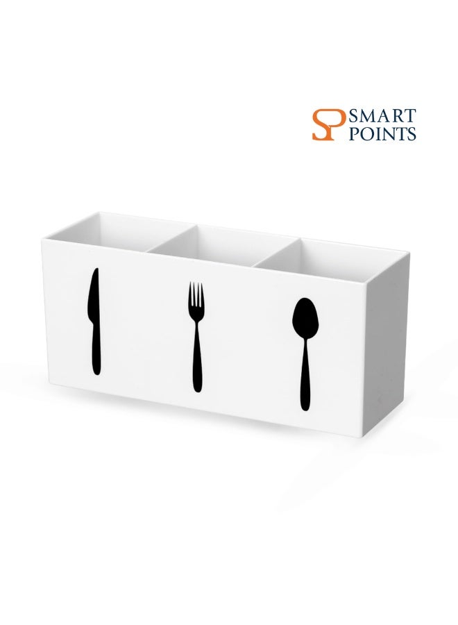 "سمارت بوينتس  " منظم تخزين أدوات المائدة الأكريليك – ٣ أقسام للسكاكين والشوك والملاعق – أبيض – 7.9 × 2.5 × 3.5 بوصة – حافظة أدوات المطبخ للطاولة والرف - Image 1