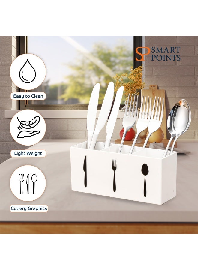 "سمارت بوينتس  " منظم تخزين أدوات المائدة الأكريليك – ٣ أقسام للسكاكين والشوك والملاعق – أبيض – 7.9 × 2.5 × 3.5 بوصة – حافظة أدوات المطبخ للطاولة والرف - Image 4