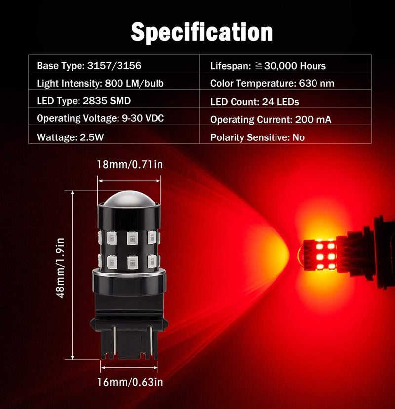 BRISHINE Super Bright 3157 3156 3057 3056 4057 4157 3157K T25 3457 LED Bulbs Brilliant Red 9-30V Non-polarity 24-SMD LED Chipsets with Projector for Brake Tail Lights, Turn signal Lights(Pack of 2) - Image 2