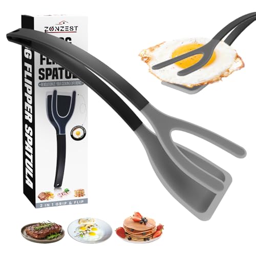 ZONZEST Silicone Egg Flipper Spatula Tongs Set of 1 NonStick 2in1 Grip Flip Kitchen Tongs for Pancakes Fish Eggs and More Heat Resistant Cooking Tool Black Black - Image 1