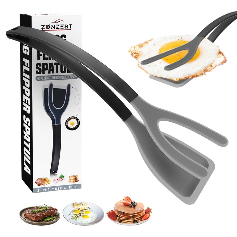 ZONZEST Silicone Egg Flipper Spatula Tongs Set of 1 NonStick 2in1 Grip Flip Kitchen Tongs for Pancakes Fish Eggs and More Heat Resistant Cooking Tool Black Black - Image 2
