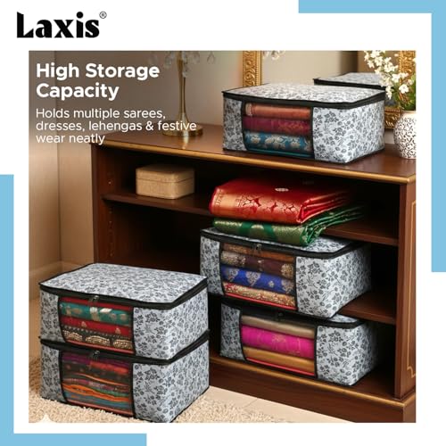 LAXIS® Saree Covers With Zip Non-Woven Printed Saree Cover/Saree Organizer For Wardrobe/Cloth Storage With Transparent Window/Saree Bags Storage/Clothes Organizer (Grey- Pack of 3) - Image 5