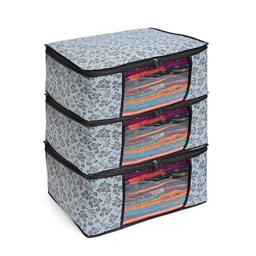 LAXIS® Saree Covers With Zip Non-Woven Printed Saree Cover/Saree Organizer For Wardrobe/Cloth Storage With Transparent Window/Saree Bags Storage/Clothes Organizer (Grey- Pack of 3) - Image 1