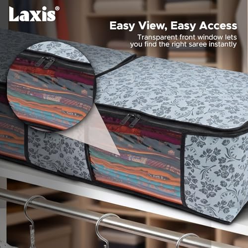 LAXIS® Saree Covers With Zip Non-Woven Printed Saree Cover/Saree Organizer For Wardrobe/Cloth Storage With Transparent Window/Saree Bags Storage/Clothes Organizer (Grey- Pack of 3) - Image 4