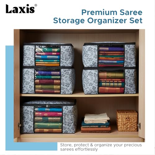 LAXIS® Saree Covers With Zip Non-Woven Printed Saree Cover/Saree Organizer For Wardrobe/Cloth Storage With Transparent Window/Saree Bags Storage/Clothes Organizer (Grey- Pack of 3) - Image 3