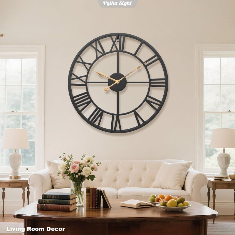 Pytha Sight 30 Inch Extra Large Giant Wall Clock,Oversized Round Silent Vintage Industrial Black Metal Farmhouse Big Roman Numeral Wall Clocks for Living Room,Kitchen,Bedroom Home Decor - Image 4