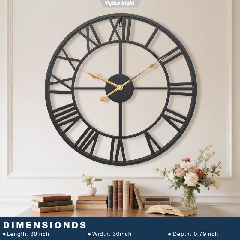Pytha Sight 30 Inch Extra Large Giant Wall Clock,Oversized Round Silent Vintage Industrial Black Metal Farmhouse Big Roman Numeral Wall Clocks for Living Room,Kitchen,Bedroom Home Decor - Image 2