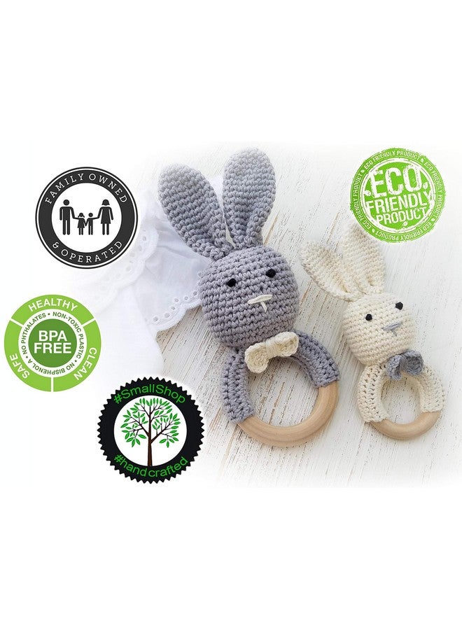 Mali Wear Natural Wooden Baby Toys Cotton Crochet Bunny Teething Ring Teether Rattle Set Of 2 Newborn Unisex Baby (Grey Mama White Baby) - Image 4