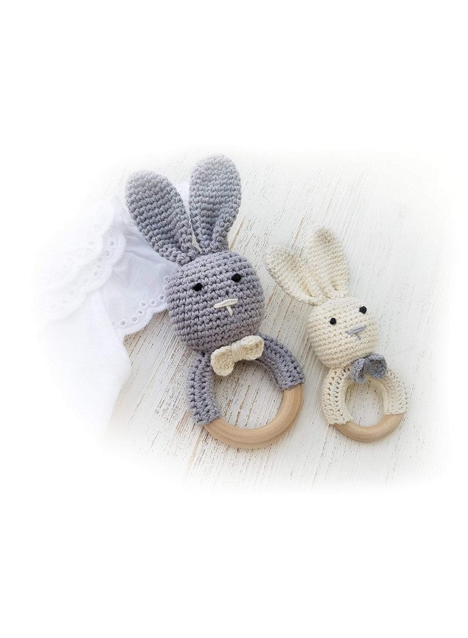 Mali Wear Natural Wooden Baby Toys Cotton Crochet Bunny Teething Ring Teether Rattle Set Of 2 Newborn Unisex Baby (Grey Mama White Baby) - Image 1
