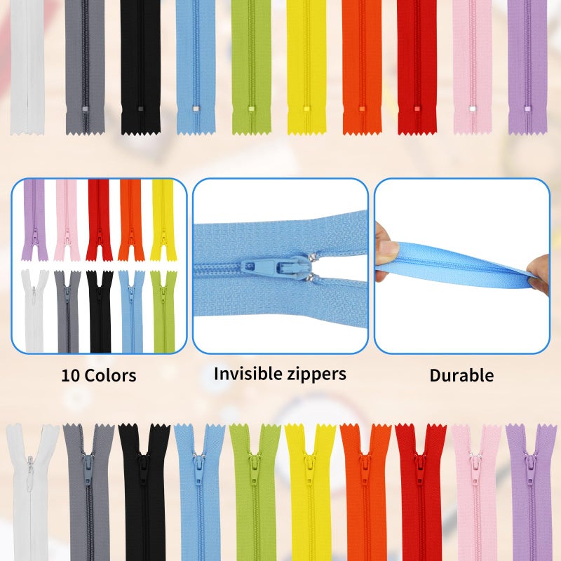 Asofelk 30 Pcs Nylon Coil Zippers for Tailor Sewing in 10 Assorted Colors - Mixed Color Invisible Zippers for Bags, Garment Craft DIY Accessories (9.5 Inches) - Image 2
