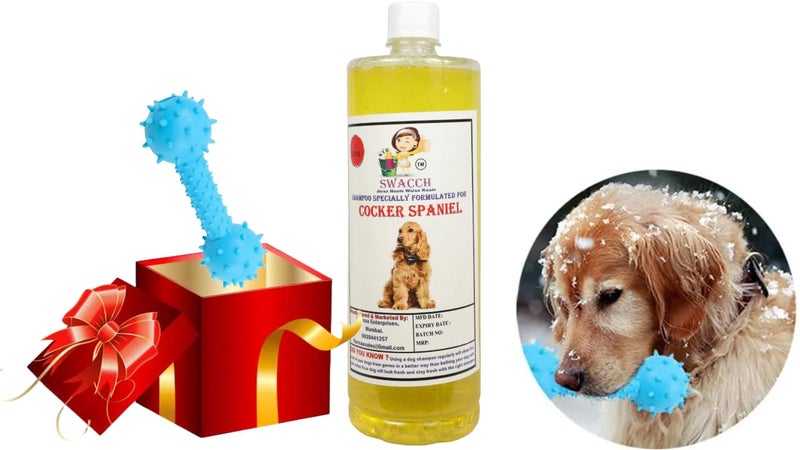 swacch Cocker Spaniel Dog Shampoo + Dumbbell Toy I Durable Rubber Dog Toy for Chewing I Playing,Teeth Cleaning & Training Toy I Combo Pack I 1 Litre Lemon - Image 1