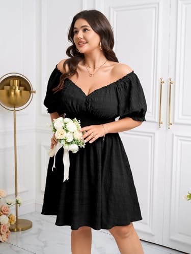 SCOMCHIC Womens Plus Size Summer Dresses Casual Sun Dress Sweetheart V Neck Puff Short Sleeve Smocked A Line Mini Dress Black - Image 5