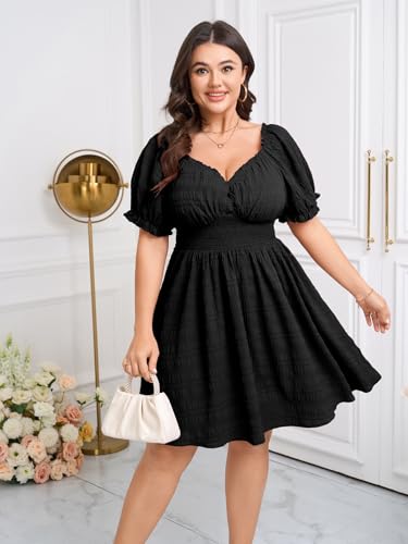 SCOMCHIC Womens Plus Size Summer Dresses Casual Sun Dress Sweetheart V Neck Puff Short Sleeve Smocked A Line Mini Dress Black - Image 4