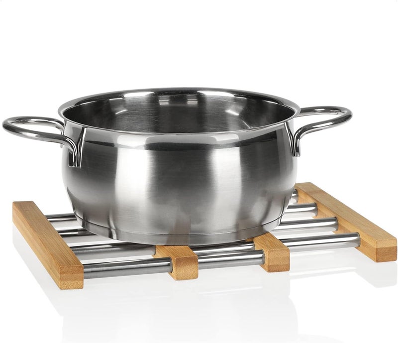 Vroxy Stainless Steel and Bamboo Trivet Pans and Casserole Dish Pot Tray Adjustable Hot Pan Holder Extendable Trivet for Pots Hot Vessel Stand for Kitchen Worktop Protector (1Pcs) - Image 1