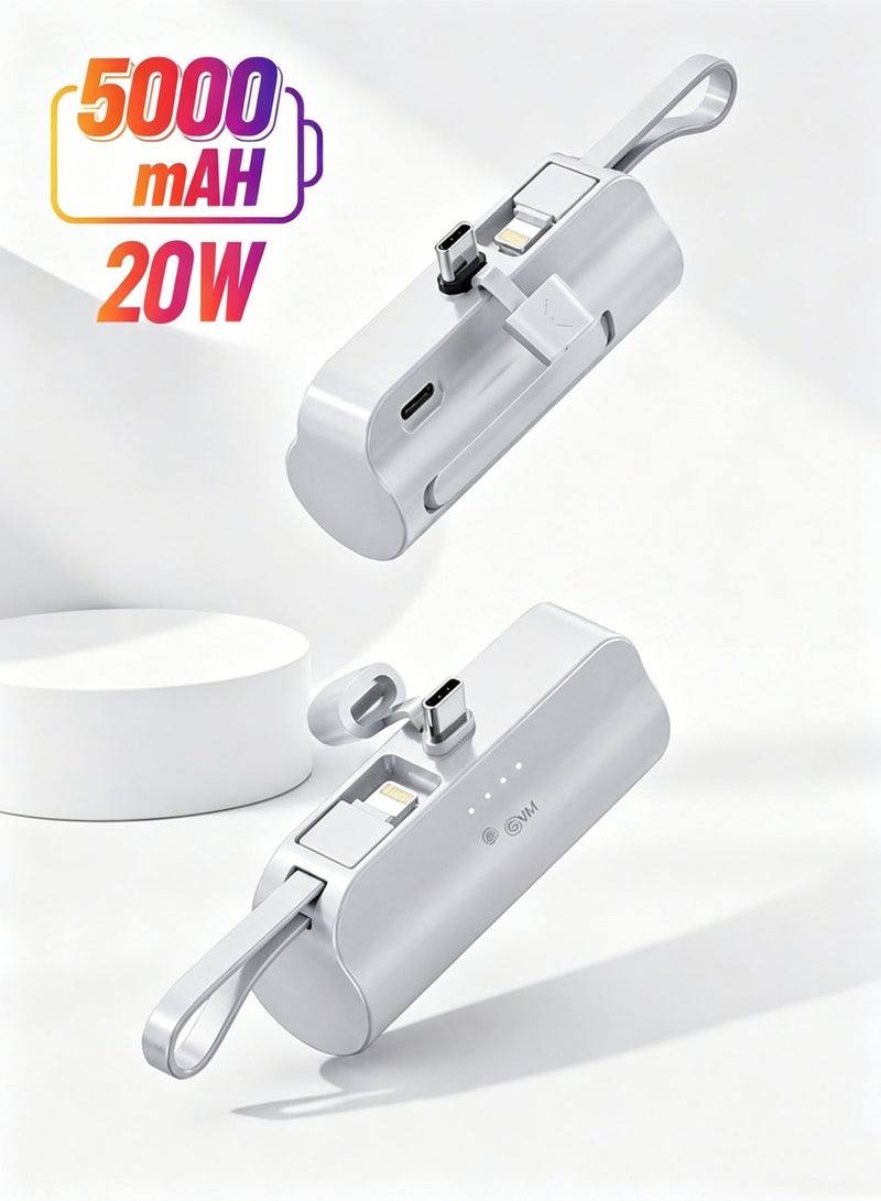 Mini Power Bank, 20W Fast Charging Power Bank with Foldable Power Cord&lanyard 2in1, 5000 mAh Small Power Bank USB C portable Charger, Travel Essentials, Compatible with All Phone - Image 1