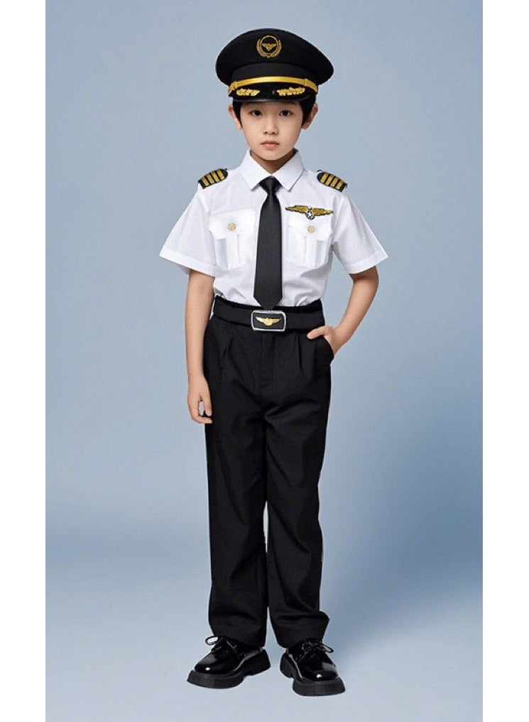 Children's Pilot Role-Play Costume Set - Airline Captain Uniform - Career Day Outfit for Kids  -(Costume set includes: short-sleeved shirt + trousers + belt + sunglasses + hat + tie + epaulettes & badges) - Image 1