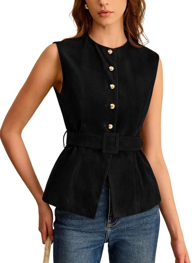 UANEO Suede Vest for Women 2025 Sleeveless Tops Casual Business Button Fashion Waistcoat with Belt, Black, L - Image 1