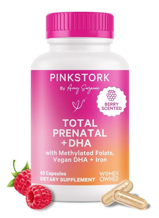 Pink Stork - Total Prenatal Vitamins with DHA, Folate, Iron, Choline, and Vitamin B12 - Prenatals for Women to Support Fetal Development, Pregnancy Must Haves, Berry Essence, 60 Capsules, 1 Month Supply - Image 1