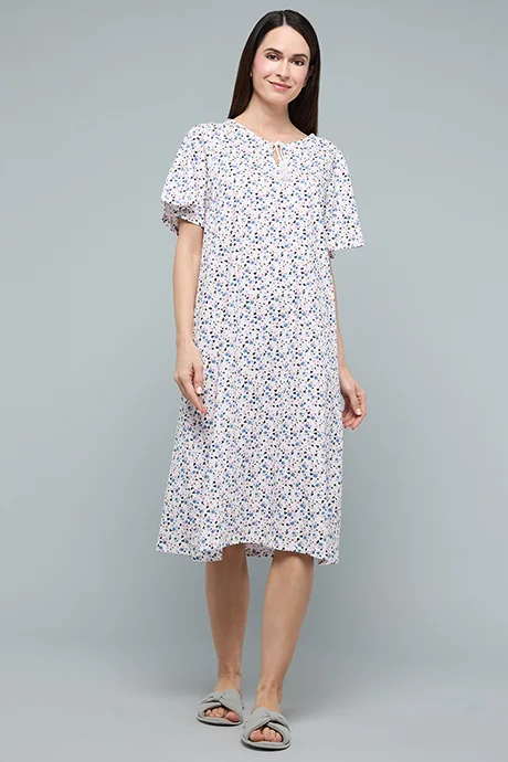أر أند بي Floral Nightdress with Tie-Up Neck and Flared Sleeves