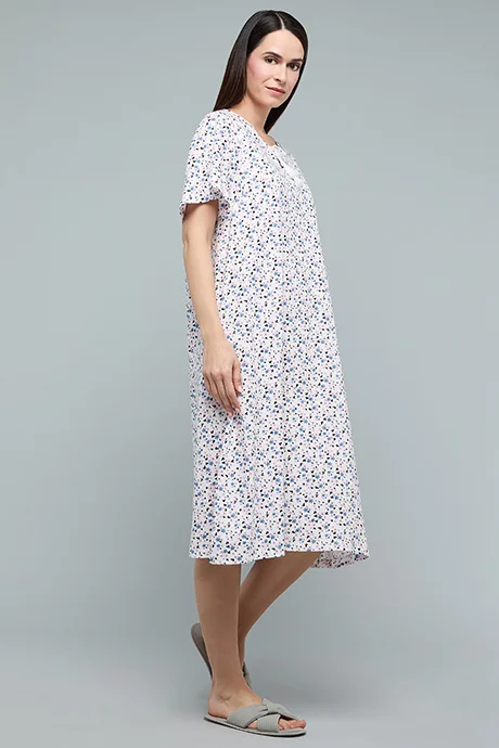 أر أند بي Floral Nightdress with Tie-Up Neck and Flared Sleeves